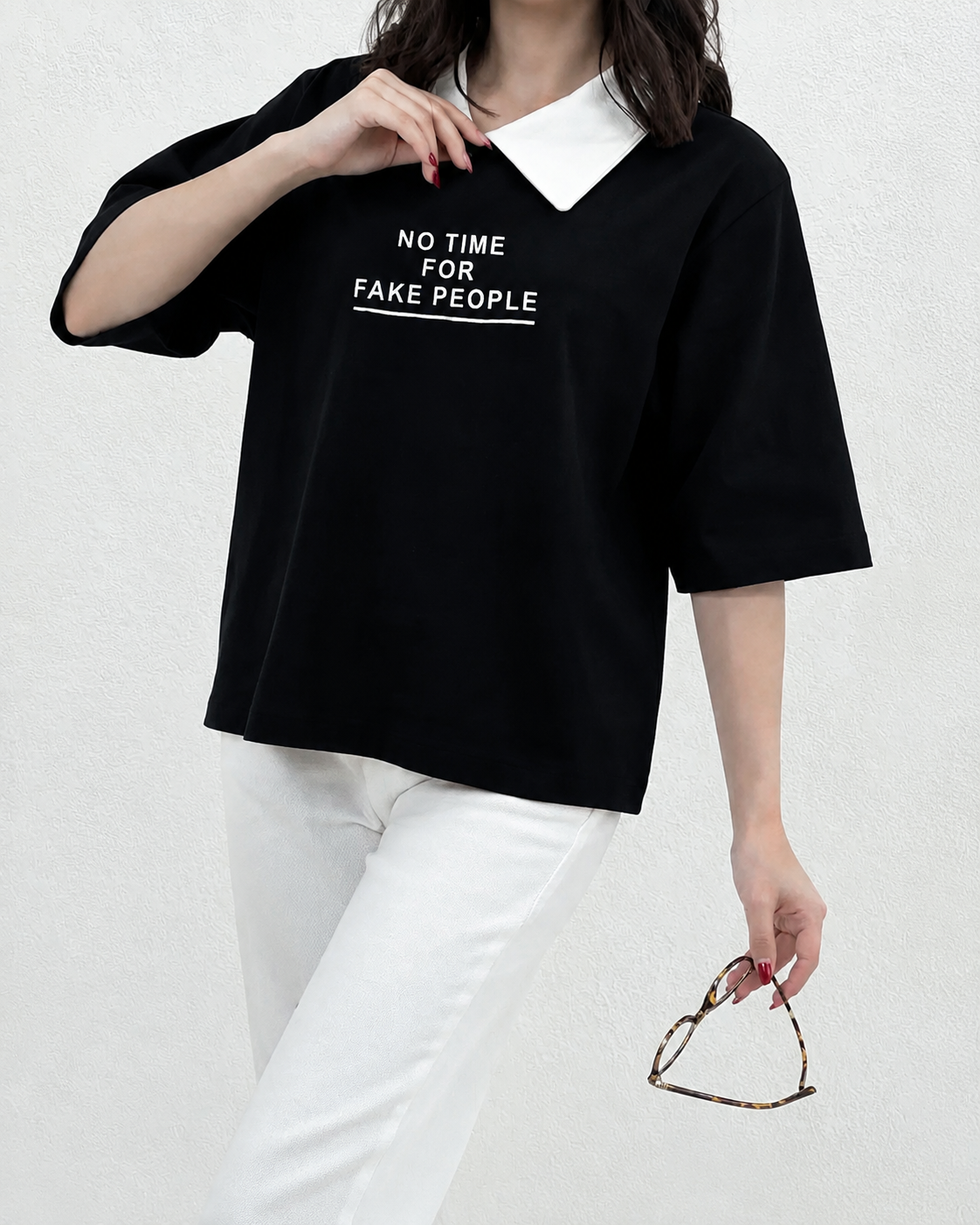 پولوشرت زنانه یقه دار باکسی FAKE PEOPLE